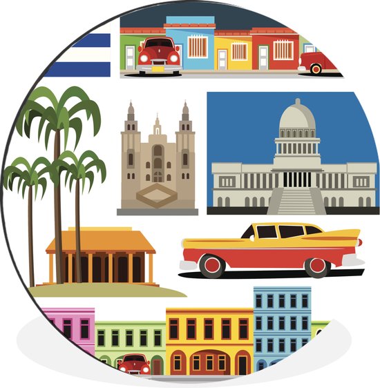 WallCircle - Wandcirkel - Muurcirkel - Een collage over het eiland Cuba in een illustratie - Aluminium - Dibond - ⌀ 60 cm - Binnen en Buiten