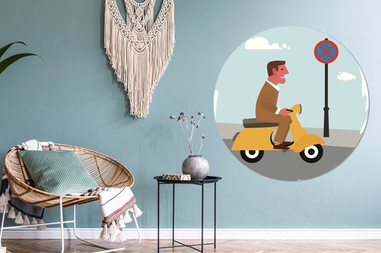 Illustration d'un homme sur une Vespa Wall cercle aluminium ⌀ 120 cm - tirage photo sur cercle mural / cercle vivant / cercle jardin (décoration murale) XXL / Groot format!