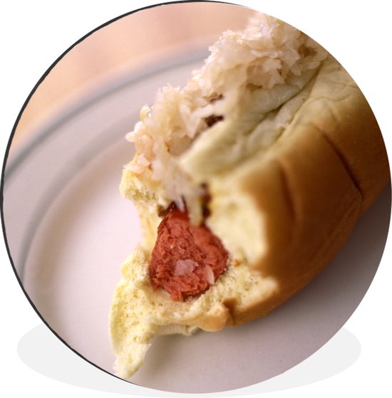 WallCircle - Wandcirkel - Muurcirkel - Een gedeeltelijk gegeten braadworst op een broodje - Aluminium - Dibond - ⌀ 30 cm - Binnen en Buiten