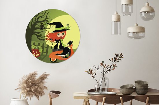 Illustration d'une sorcière sur un mur Vespa cercle aluminium ⌀ 90 cm - tirage photo sur cercle mural / cercle vivant / cercle jardin (décoration murale)