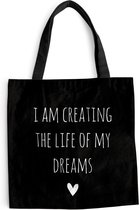 MuchoWow® Sac bandoulière - Sac de plage - Big Shopper - Sac shopping - Citation anglaise "Je crée la vie de mes rêves" sur fond noir - 45x45 cm - Sac en coton