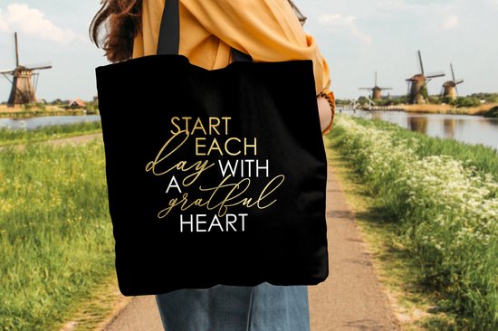 Sac Bandoulière - Sac de Plage - Citation Shopper - Coeur - Goud - Zwart - 40x40 cm - Sac en coton