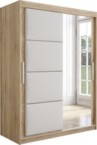 InspireMe - Kledingkast met 2 schuifdeuren, Modern-stijl, Kledingkast met planken, Kastfronten met spiegel en gestoffeerde panelen (BxHxD): 150x200x62 - TAPILA 150 - Sonoma Eik + Wit