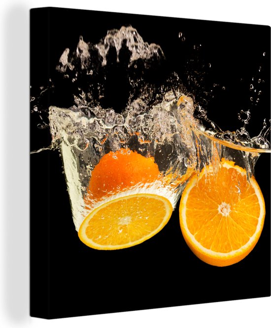Canvas Schilderij Sinaasappel - Stilleven - Water - Zwart - Fruit - 90x90 cm - Wanddecoratie