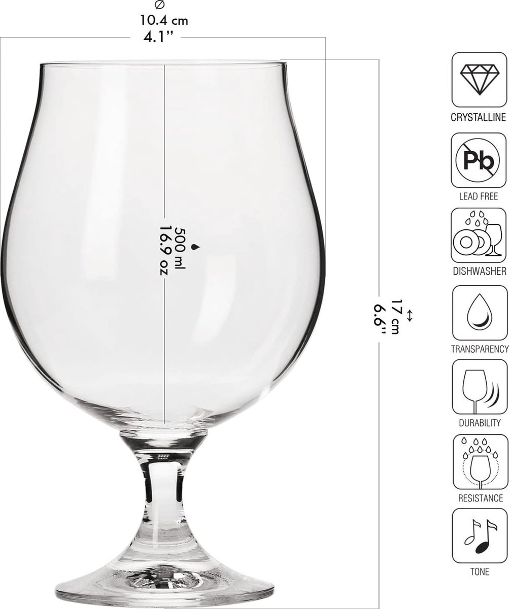Krosno Bokaal craftbierglazen 0,5 liter | Set van 6 | 500 ml | Elite- collectie | Perfect voor thuis, restaurants en feestjes | Vaatwasmachinebestendig | Loodvrij kristalglas