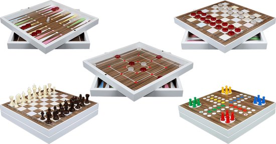 Afbeelding van het spel 5 in 1 spellendoos - Schaken - Dammen - Backgammon - Mens erger je niet - Molenspel - In wit houten kistje met magnetische sluiting - maat 32cm