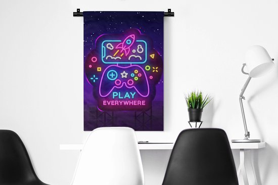 Tapisserie - Tapisserie - Gaming - Néon - Play - Blauw - Nuit - Manette - 60x90 cm - Tapisserie