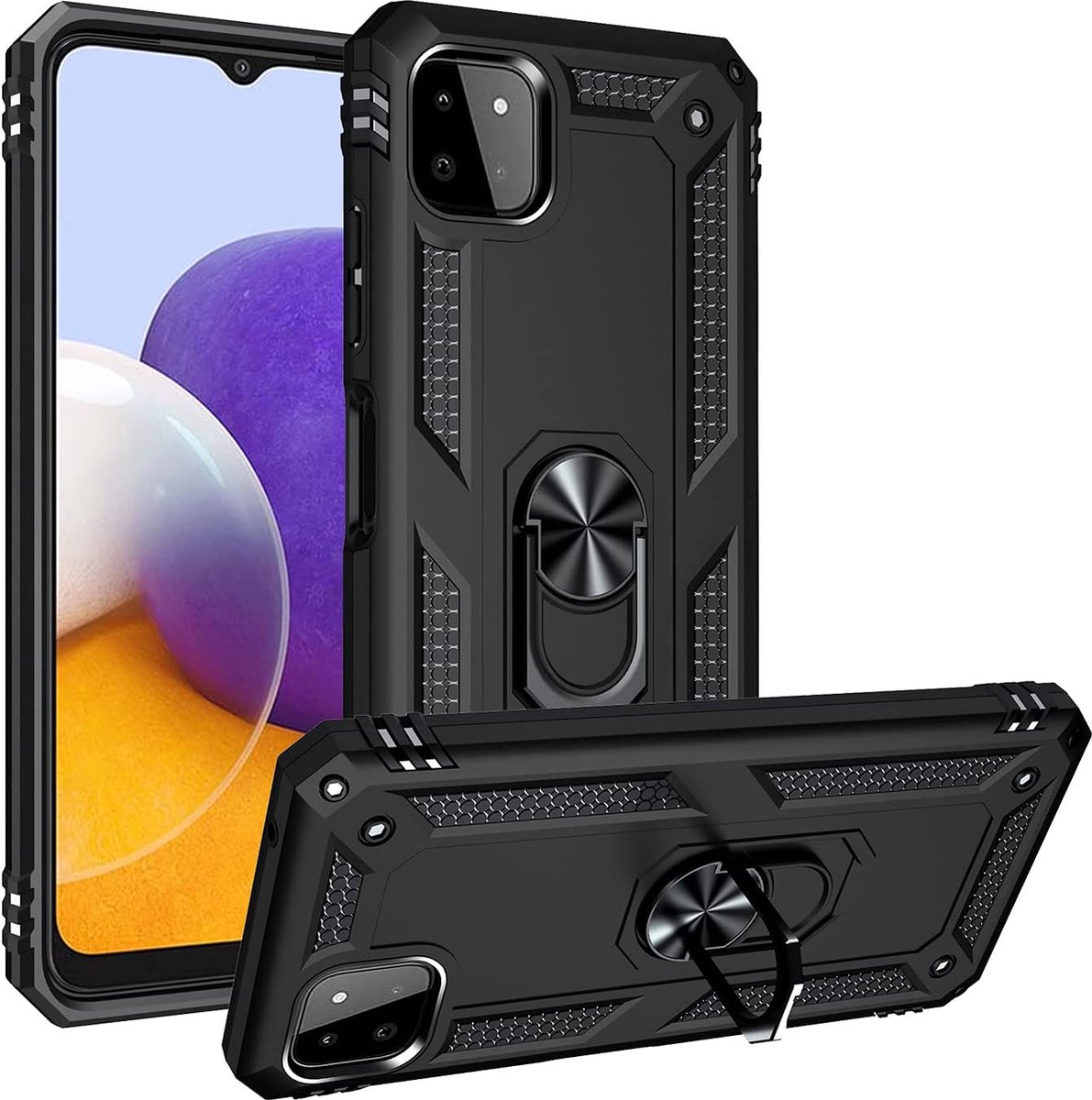 Anti-Shock Hybrid Ring Armor Hoesje Geschikt voor: Samsung Galaxy A22 5G - zwart