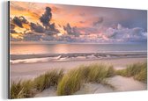 Wanddecoratie Metaal - Aluminium Schilderij Industrieel - Zonsondergang - Duin - Strand - Planten - Zee - 160x80 cm - Dibond - Foto op aluminium - Industriële muurdecoratie - Voor de woonkamer/slaapkamer