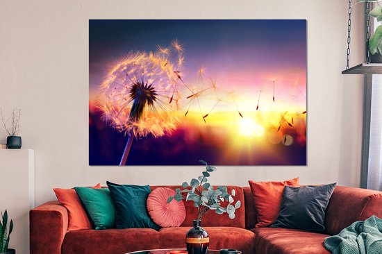 Wanddecoratie Metaal - Aluminium Schilderij Industrieel - Paardenbloem - Bloemen - Zonsondergang - Horizon - Nacht - 150x100 cm - Dibond - Foto op aluminium - Industriële muurdecoratie - Voor de woonkamer/slaapkamer