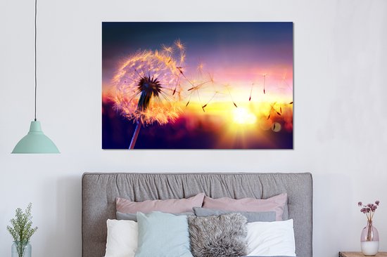 Wanddecoratie Metaal - Aluminium Schilderij Industrieel - Paardenbloem - Bloemen - Zonsondergang - Horizon - Nacht - 150x100 cm - Dibond - Foto op aluminium - Industriële muurdecoratie - Voor de woonkamer/slaapkamer