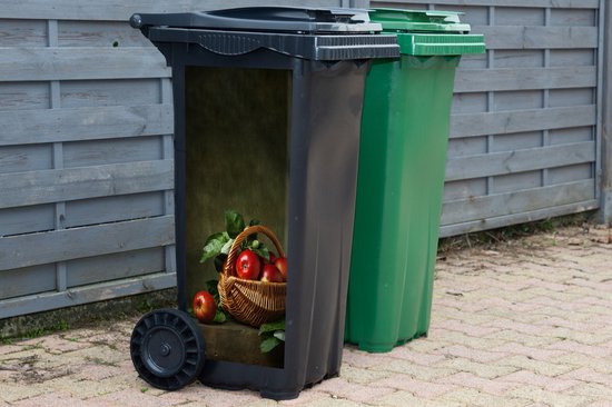 Zwarte kliko met een sticker van een mand met rode appels, met een groene kliko ernaast.