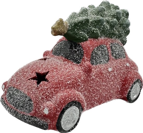 Rode auto met kerstboom 22x11x16 - verlichting - keramiek beeld- kerst - rood - kerstcadeau - kerstboom keramiek - christmas