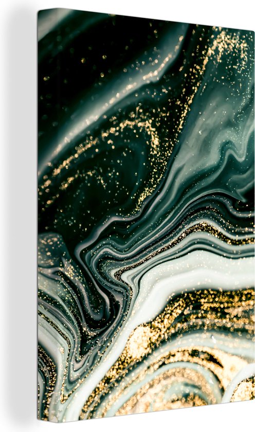 Canvas Schilderij Marmerlook - Goud - Groen - Glitter - Design - Marmer - 40x60 cm - Wanddecoratie