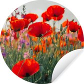 WallCircle - Muurstickers - Behangcirkel - Klaproos - Bloemen - Rood - Paars - Weide - ⌀ 30 cm - Muurcirkel - Zelfklevend - Ronde Behangsticker