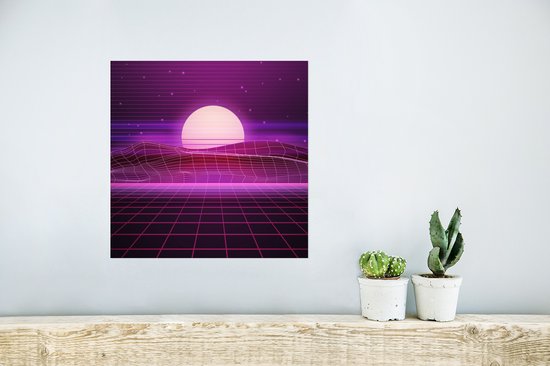Affiche de Jeu - Gaming - Néon - Rétro - Violet - Soleil - Jeux - 30x30 cm