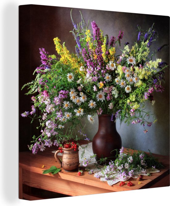 Tableau sur toile Fleurs - Tableau - Nature morte - Bouquet - Vase - 20x20 cm - Décoration murale