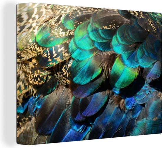 Tableau sur toile Ressorts - Plumes de Paon - Paon - Blauw - Art - 160x120 cm - Décoration murale XXL