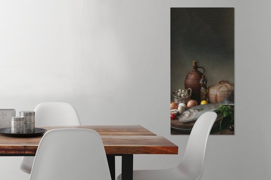 Peinture sur toile rustique - Poisson - Nature morte - Légumes - Herbes - 40x80 cm - Décoration murale