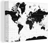Canvas Wereldkaart - 80x60 - Wanddecoratie Wereldkaart - Zwart - Wit - Atlas - Aarde - Educatief