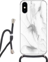 Hoesje met koord Geschikt voor iPhone XS - Marmer print - Grijs - Wit - Abstract - Marmer printlook - Siliconen - Crossbody - Backcover met Koord - Telefoonhoesje met koord - Hoesje met touw