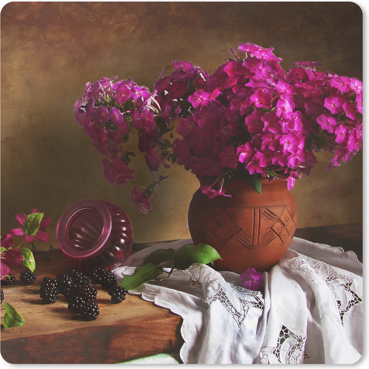 Muismat 20x20 cm - Mousepad Rustiek - Bloemen - Roze - Vaas - Stilleven - Muismatten