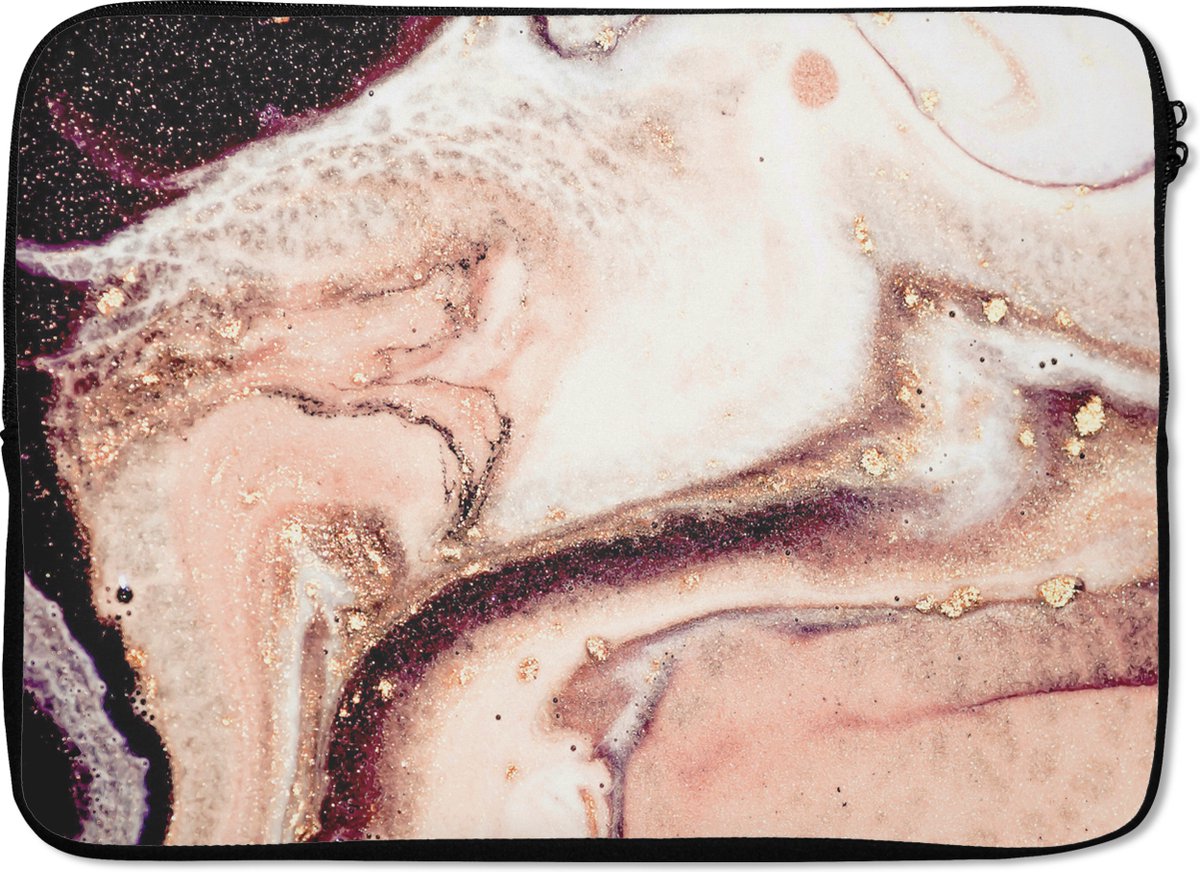 Laptophoes 14 inch - Steen - Marmer print - Edelsteen - Abstract - Natuur - Roze - Laptop sleeve - Binnenmaat 33x23 cm - Zwarte achterkant