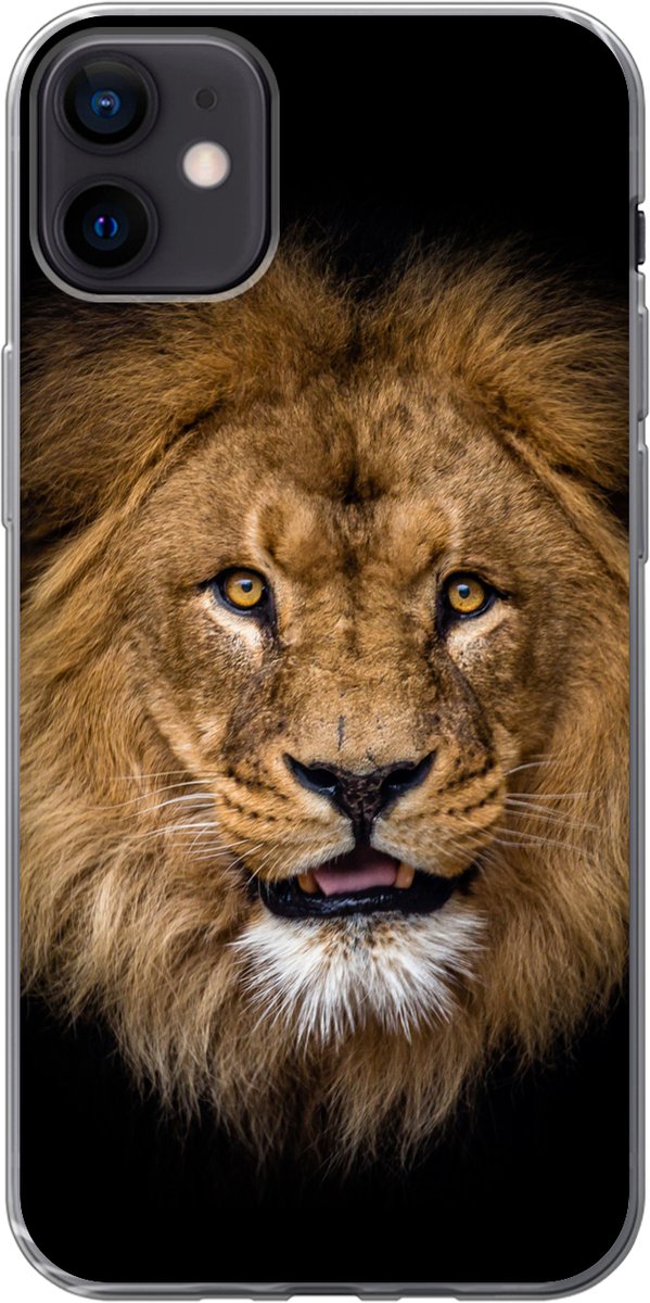 Telefoonhoesje Geschikt voor iPhone 12 mini hoesje - Leeuw - Portret - Zwart - Dieren - Siliconen Telefoonhoesje Telefoonhoesje