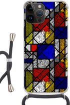 Geschikt voorApple Iphone 14 Pro Max - Crossbody Case - Mondriaan - Glas in lood - Oude Meesters - Kunstwerk - Abstract - Schilderij - Siliconen - Crossbody - Backcover met Koord - Telefoonhoesje met koord - Hoesje met touw