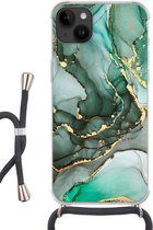Geschikt voorApple Iphone 14 Plus - Crossbody Case - Goud - Marmer print - Groen - Luxe - Marmer printlook - Grijs - Siliconen - Crossbody - Backcover met Koord - Telefoonhoesje met koord - Hoesje met touw