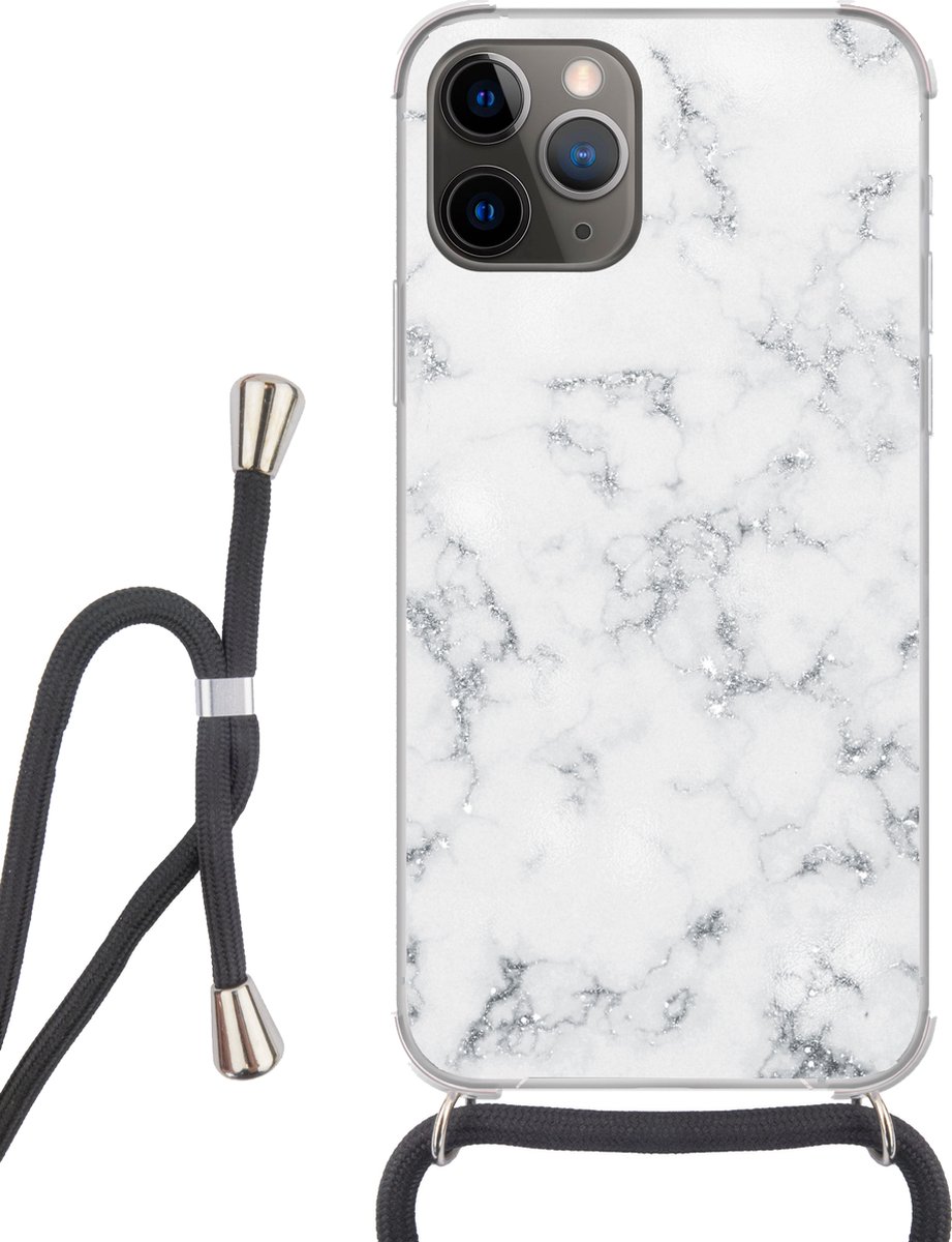 Telefoonhoesje Geschikt voor iPhone 13 Pro - Marmer print - Wit - Zilver - Glitter - Marmer printlook - Chique - Siliconen - Crossbody - Backcover met Koord - Telefoonhoesje met koord - Hoesje met touw Telefoonhoesje