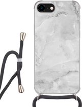 Hoesje met koord Geschikt voor iPhone SE 2020 - Marmer print - Steen - Wit - Grijs - Marmer printlook - Siliconen - Crossbody - Backcover met Koord - Telefoonhoesje met koord - Hoesje met touw