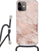 Coque avec cordon iPhone 12 - Marbre - Rose - Luxe - Aspect marbré - Glitter - Design - Siliconen - Bandoulière - Coque arrière avec cordon - Coque pour téléphone avec cordon - Coque avec corde