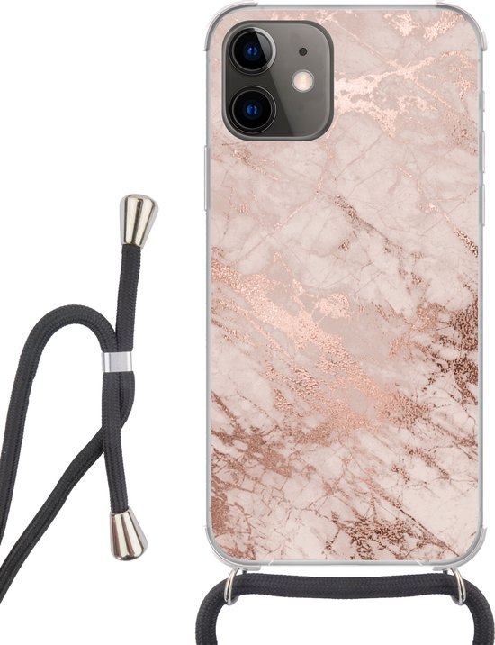 Hoesje met koord Geschikt voor iPhone 12 - Marmer print - Roze - Luxe - Marmer printlook - Glitter - Design - Siliconen - Crossbody - Backcover met Koord - Telefoonhoesje met koord - Hoesje met touw