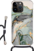 Geschikt voor Apple iPhone 14 Pro - Crossbody Case - Goud - Marmer - Groen - luxe - Glitter - Marmerlook - Siliconen - Crossbody - Backcover met Koord - Telefoonhoesje met koord - Hoesje met touw