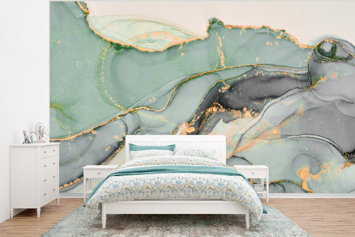 Behang - Fotobehang Goud - Marmer - Groen - luxe - Glitter - Marmerlook - Breedte 400 cm x hoogte 300 cm