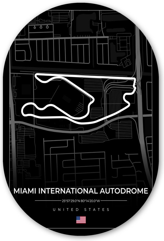 Muurovaal - Wandovaal - Kunststof Wanddecoratie - Ovalen Schilderij - Racebaan - Verenigde Staten - Formule 1 - Miami International Autodrome - Circuit - Zwart - 80x120 cm - Ovale spiegel vorm op kunststof