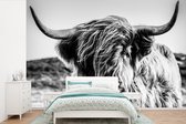 Behang - Fotobehang Koe - Schotse hooglander - Zwart - Wit - Dier - Natuur - Wild - Breedte 330 cm x hoogte 220 cm