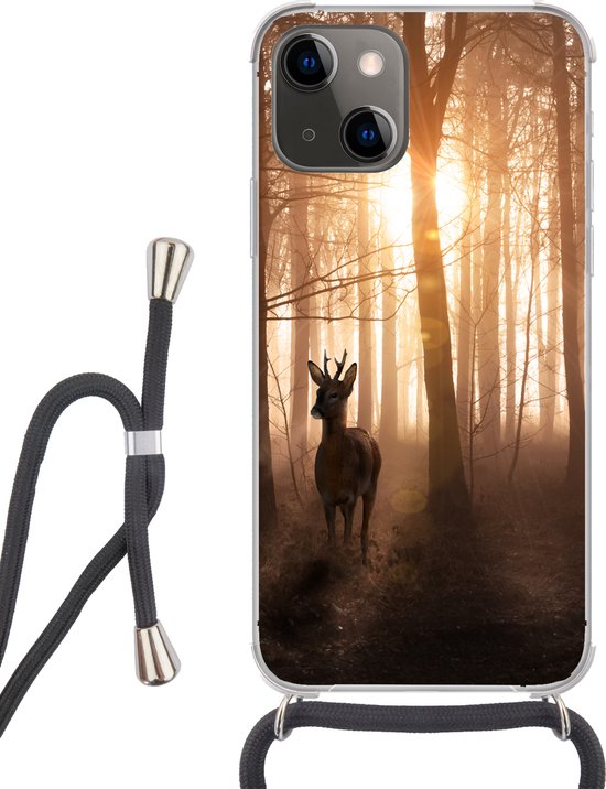 Coque avec cordon iPhone 13 Mini - Forêt - Cerf - Soleil - Arbres - Hiver - Nature - Animaux - Siliconen - Bandoulière - Coque arrière avec cordon - Coque pour téléphone avec cordon - Coque avec corde