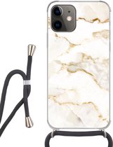 Hoesje met koord iPhone 12 Mini - Marmer - Kalk - Goud - Luxe - Marmerlook - Wit - Siliconen - Crossbody - Backcover met Koord - Telefoonhoesje met koord - Hoesje met touw