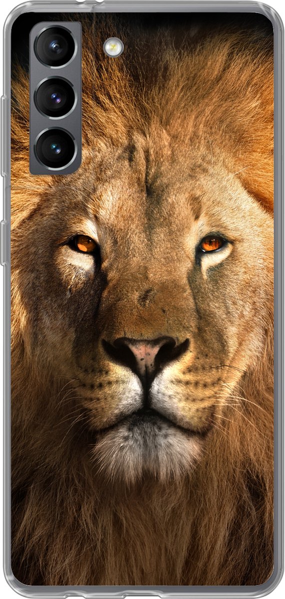 Telefoonhoesje Geschikt voor Samsung Galaxy S21 hoesje - Leeuw - Dieren - Zwart - Licht - Bruin - Portret - Siliconen Telefoonhoesje Telefoonhoesje