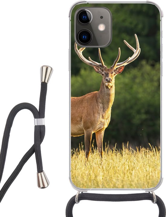 Coque avec cordon iPhone 12 Mini - Cerf - Bois de cerf - Herbe - Nature - Animaux - Vert - Siliconen - Bandoulière - Coque arrière avec cordon - Coque pour téléphone avec cordon - Coque avec corde