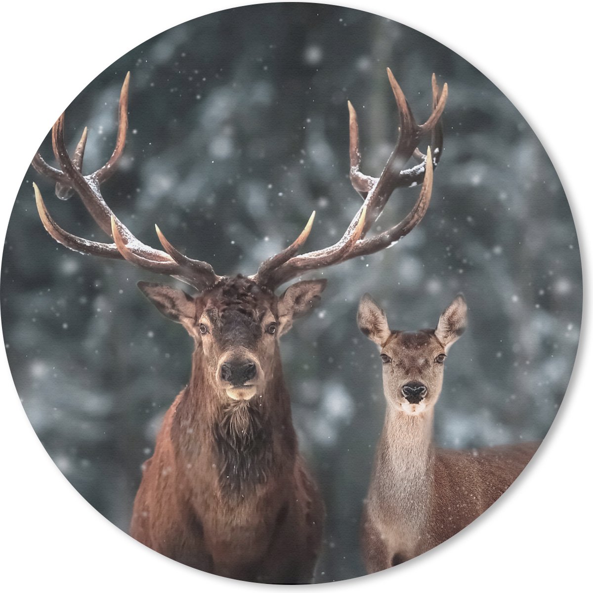 Muismat rond 20x20 cm - Mousepad Hert - Dieren - Winter - Gewei - Sneeuw - Natuur - Ronde muismatten