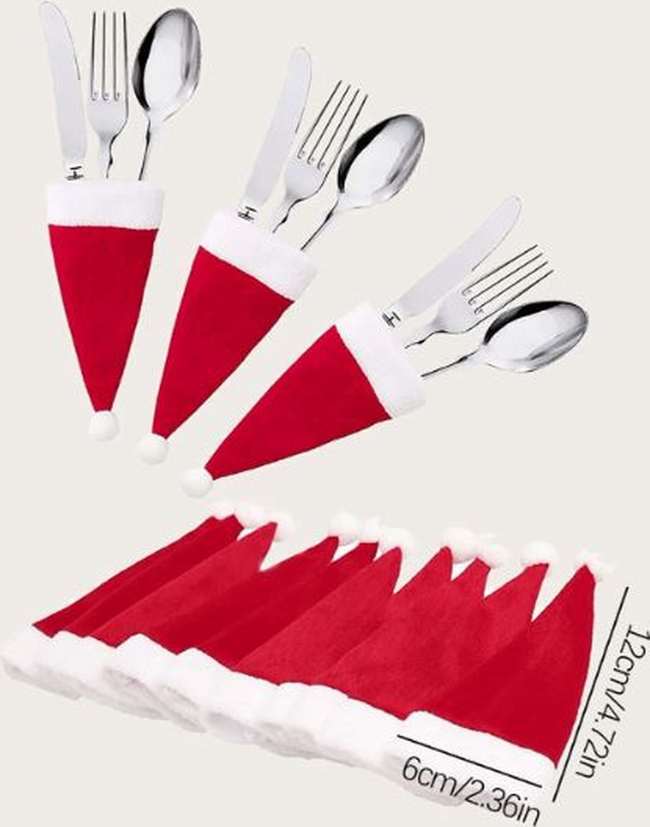 Bestekzakjes / 10 stuks / Kerst / Christmas / Kerstmuts / Tafelen / Eten / Rood / Wit