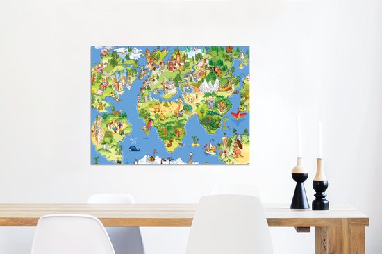 Aluminium schilderij 80x60 cm - Wanddecoratie metaal - Wereldkaart - Kinderen - Natuur - Dieren - Blauw - Groen - Metalen muurdecoratie woonkamer - Decoratie industrieel - Foto op dibond - Industriële accessoires slaapkamer