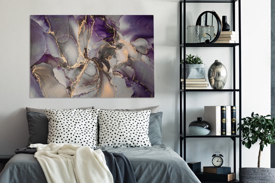 Toile Peinture Or - Violet - Marbre - 140x90 cm - Décoration murale