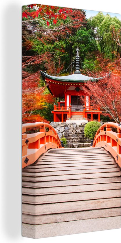 Canvas - Schilderij - Brug - Pagode - Japan - Rood - Japanse esdoorn - Schilderijen op canvas - Foto op canvas - 20x40 cm - Wanddecoratie