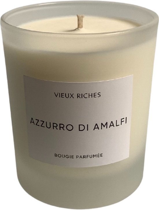 Vieux Riches, Azzuro Di Amalfi - Geurkaars – Oud & Mandarin – Mat Wit Glas - Handgemaakt in Nederland - 100% Natuurlijke materialen – 200g