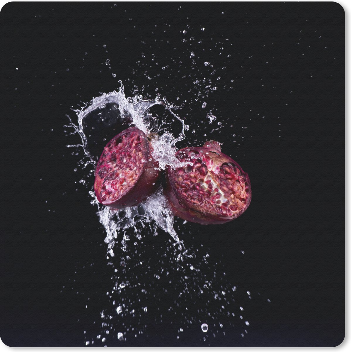 Muismat 20x20 cm - Mousepad Granaatappel - Fruit - Water - Zwart - Paars - Muismatten