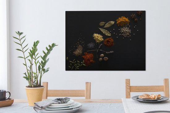 Canvas Schilderij Kruiden - Zwart - Specerijen - Keuken - Koken - 80x60 cm - Wanddecoratie